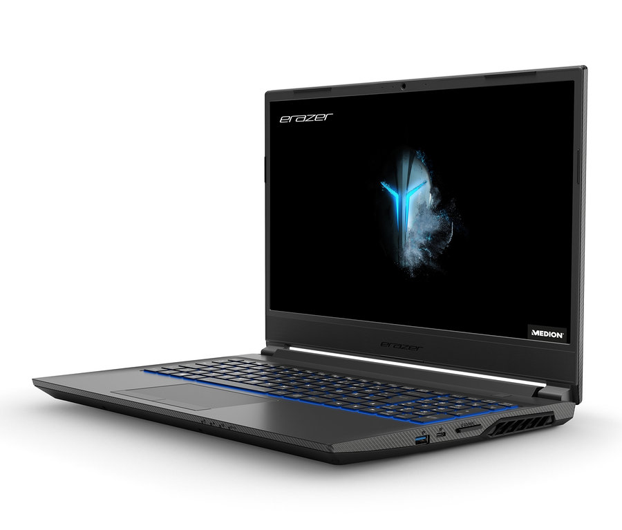 Schwarzes Medion ERAZER P15601 Gaming-Notebook mit einem Bildschirm, der abstrakte Grafiken anzeigt.