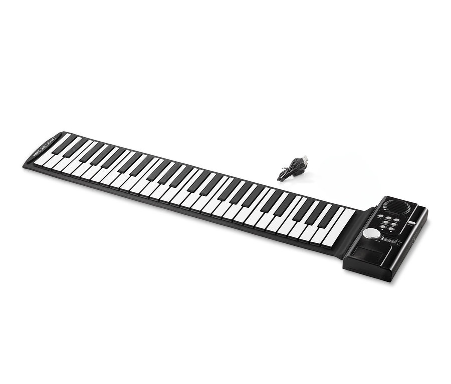 Schwarzes elektronisches Rollpiano mit schwarzem Adapter.