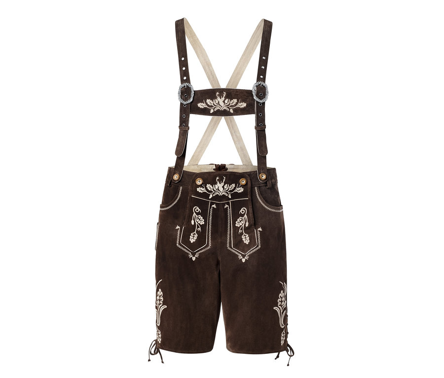 Trachten-Lederhose in Braun mit Stickereien und Hosenträgern.
