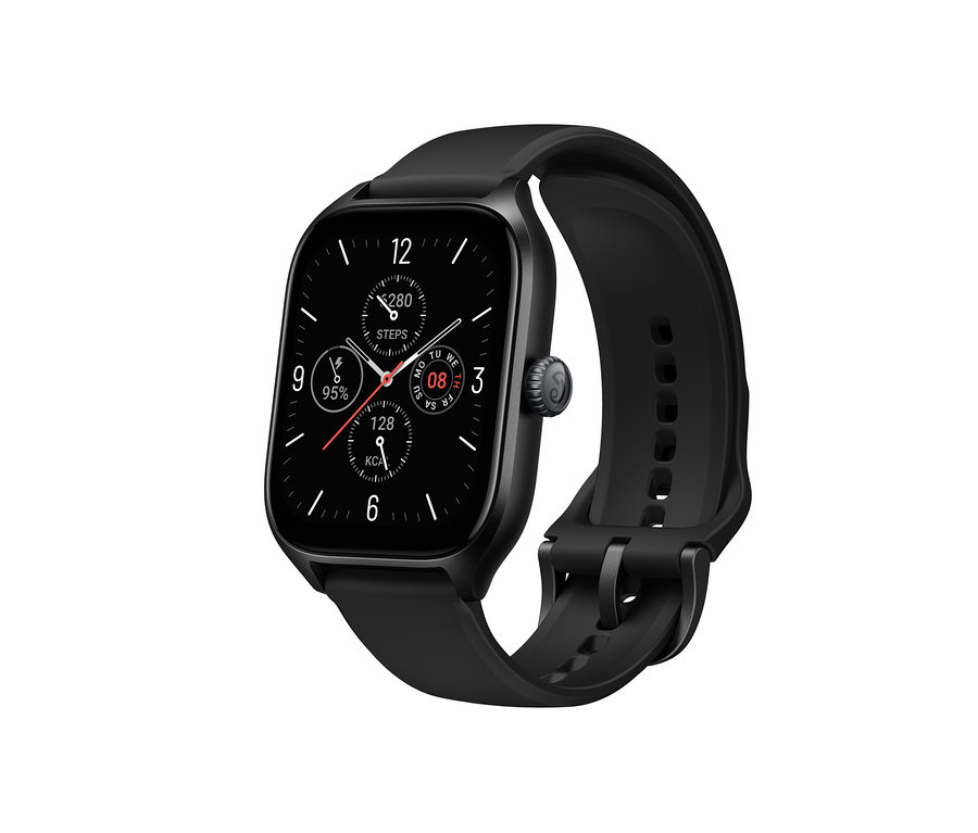 Detailansicht einer schwarzen Smartwatch mit schwarzem Armband.
