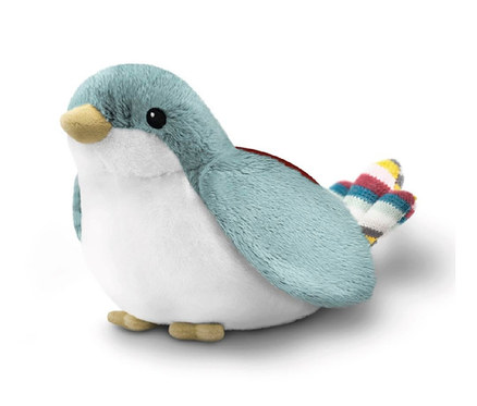 Der Zazu Projektor »Shally der Spatz« Stoffvogel sitzt auf einem weißen Hintergrund.
