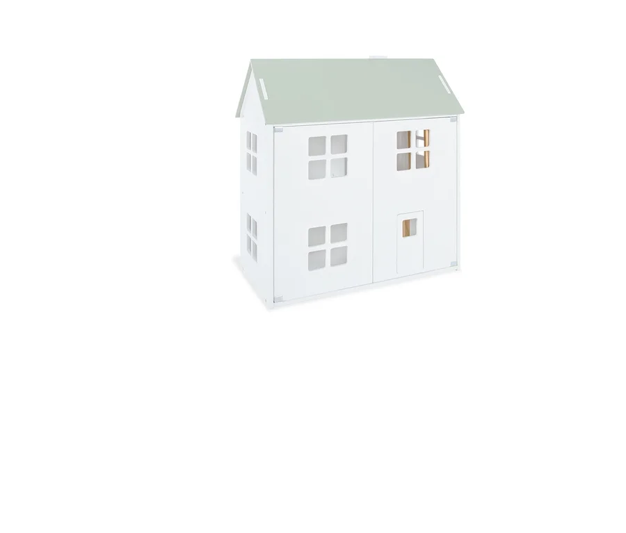 Weißes Pinolino Puppenhaus "Femke" mit grauem Dach und Garten.