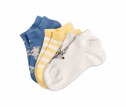 Drei Paar Kinder-Sneakersocken mit Känguru-Motiv.