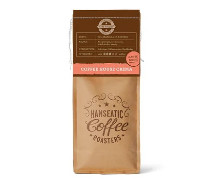 Braune Papiertüte Hanseatic Coffee House Caffè Crema ganze Bohne. Das Etikett zeigt 80% Arabica, 20% Robusta, ausgewogenes, schokoladiges, nussiges Aroma und Intensität 4/5.