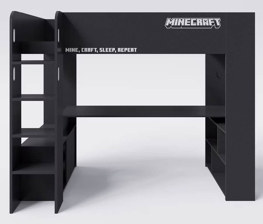 Schwarzes roba Minecraft Gaming-Bett mit Schreibtisch und Regalen.