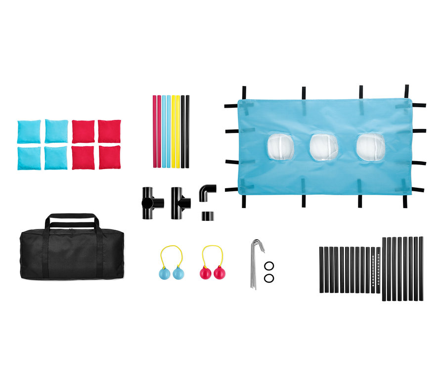 Ein Set von 2 Wurfspielen mit acht Säckchen, Rahmen, Heringen, Rohren und einer Tragetasche.