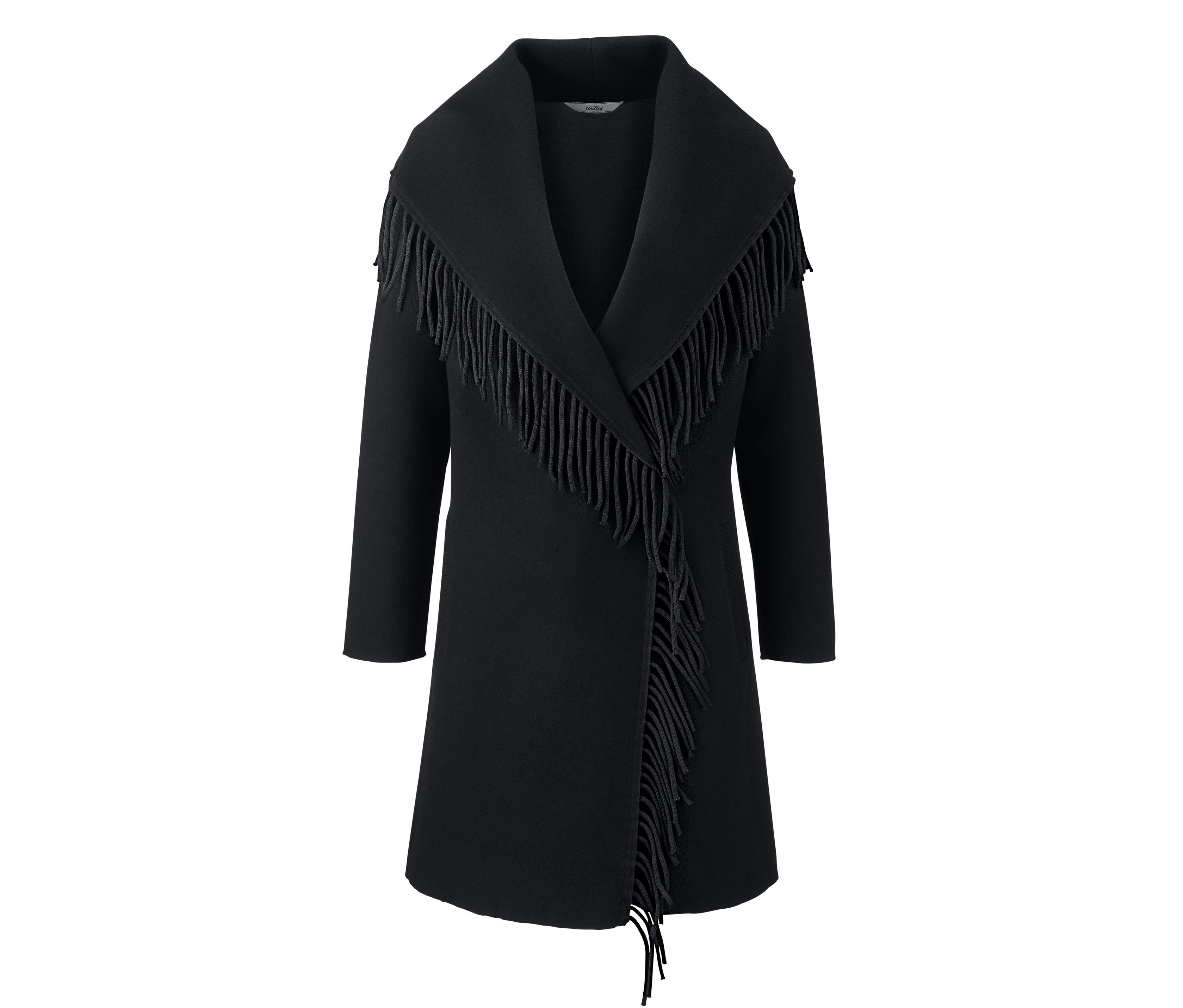 Schwarze Fransen-Strickjacke.