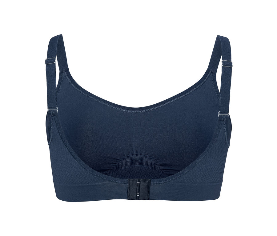 Detailansicht der Rückseite eines blauen Seamless-Sport-BHs.