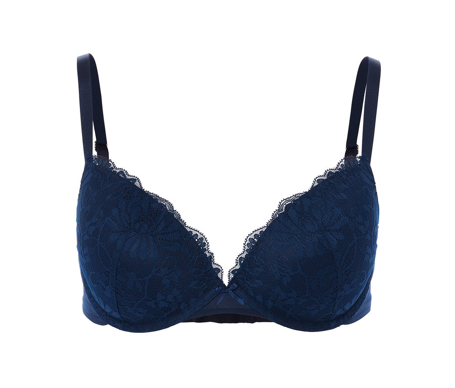 Blauer Push-up-BH mit Spitze auf weißem Hintergrund.