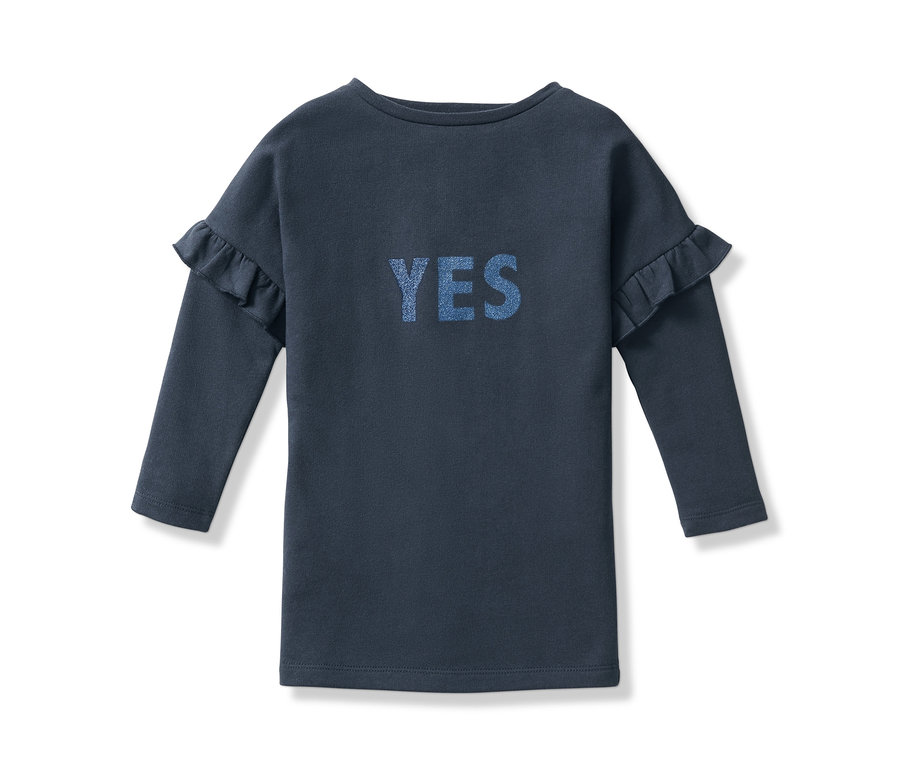 Dunkelblaues Sweatkleid mit langen Ärmeln, Rüschen und dem Schriftzug "YES".