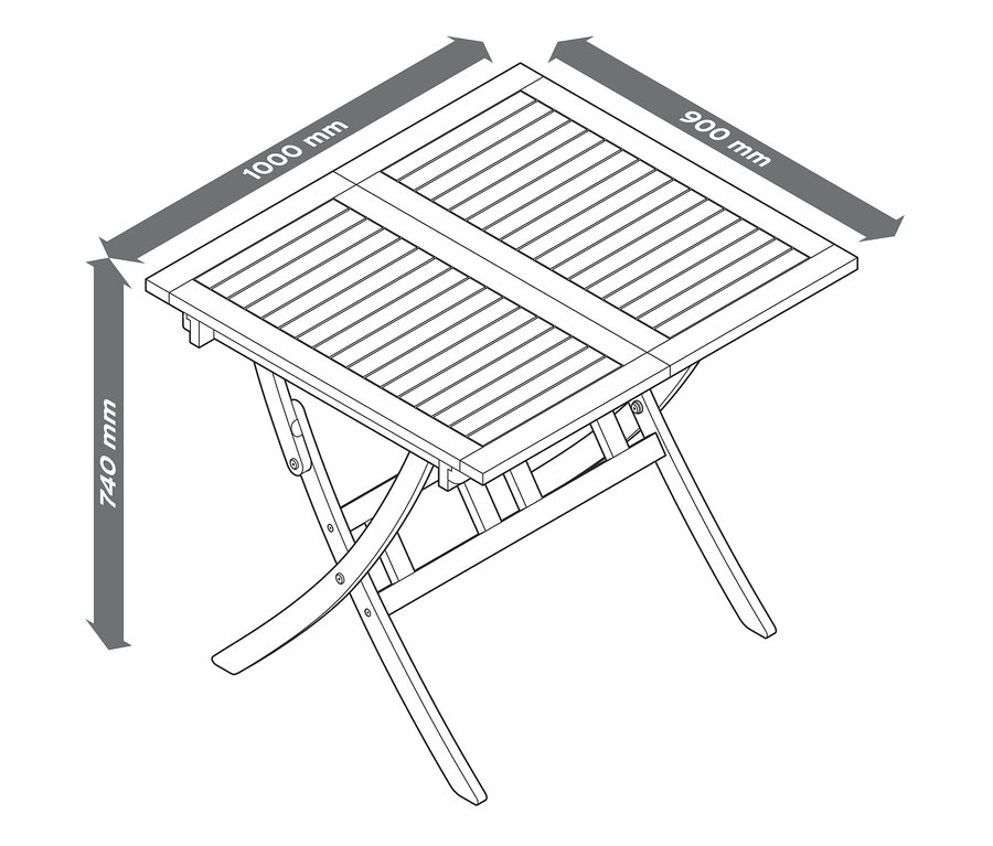 Illustration von einem Ausziehtisch, klappbar, mit den Massen 1000 mm x 900 mm und einer Höhe von 740 mm.