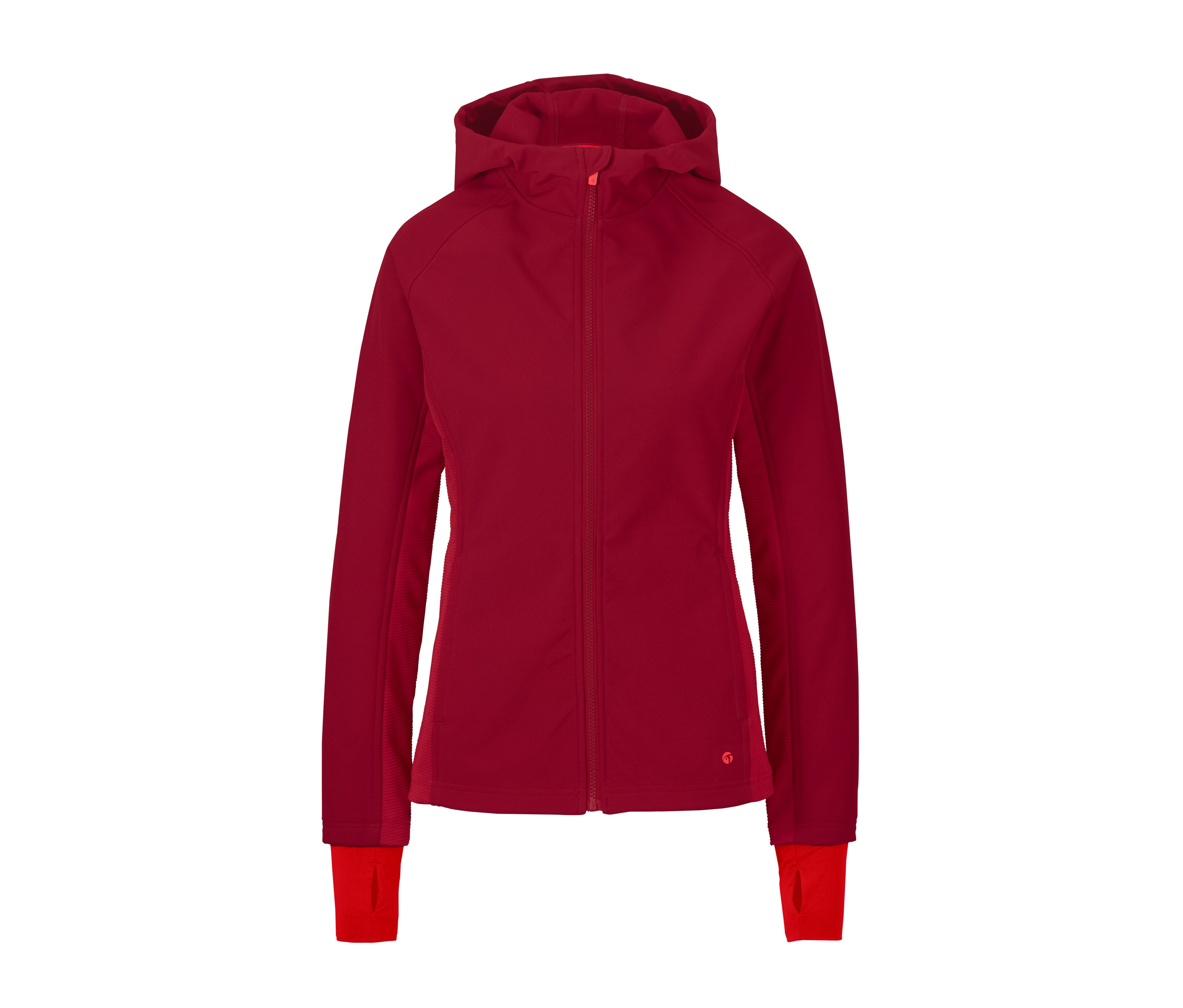 Eine rote Hybrid-Softshelljacke mit Reißverschluss und Kapuze.