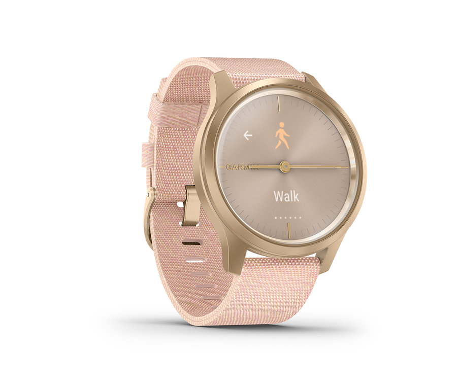 Nahaufnahme der roségoldfarbenen und weißen Garmin Vivomove Style Smartwatch.