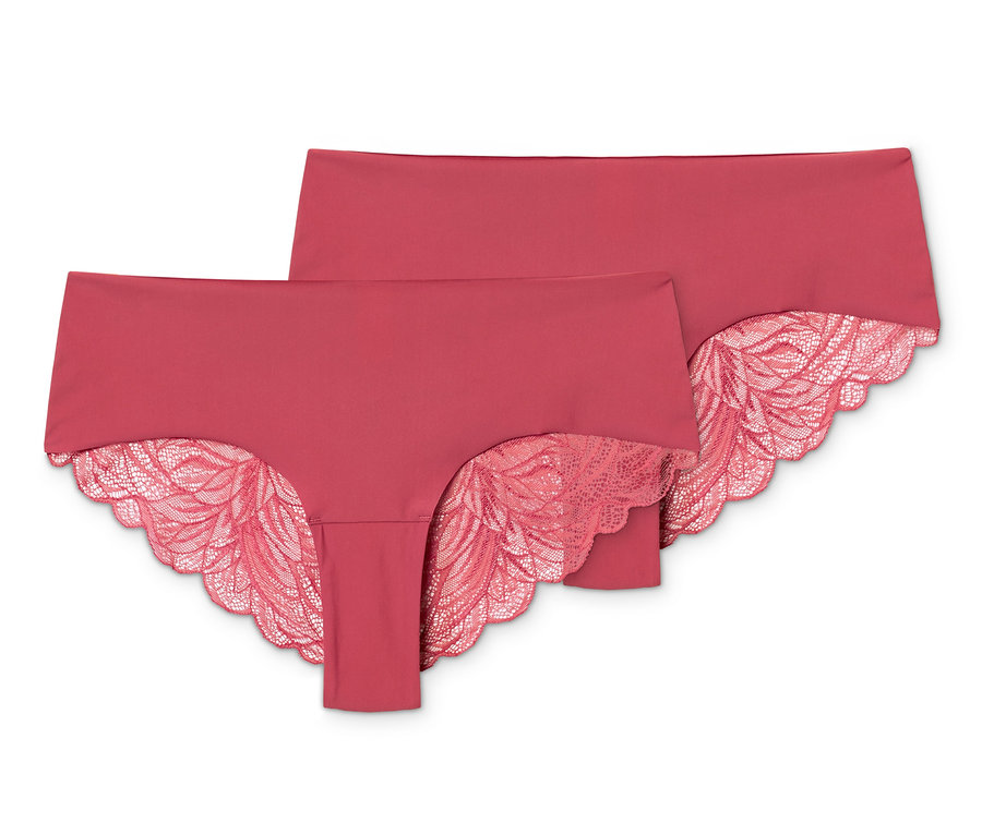 Zwei Magic-Cut-Brazilslips in Himbeerfarbe mit Blumenspitze.