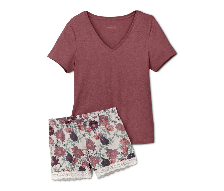 Ein Shorty-Pyjama bestehend aus einem kastanienbraunen Kurzarm-T-Shirt und einer geblümten Shorts mit Spitze.