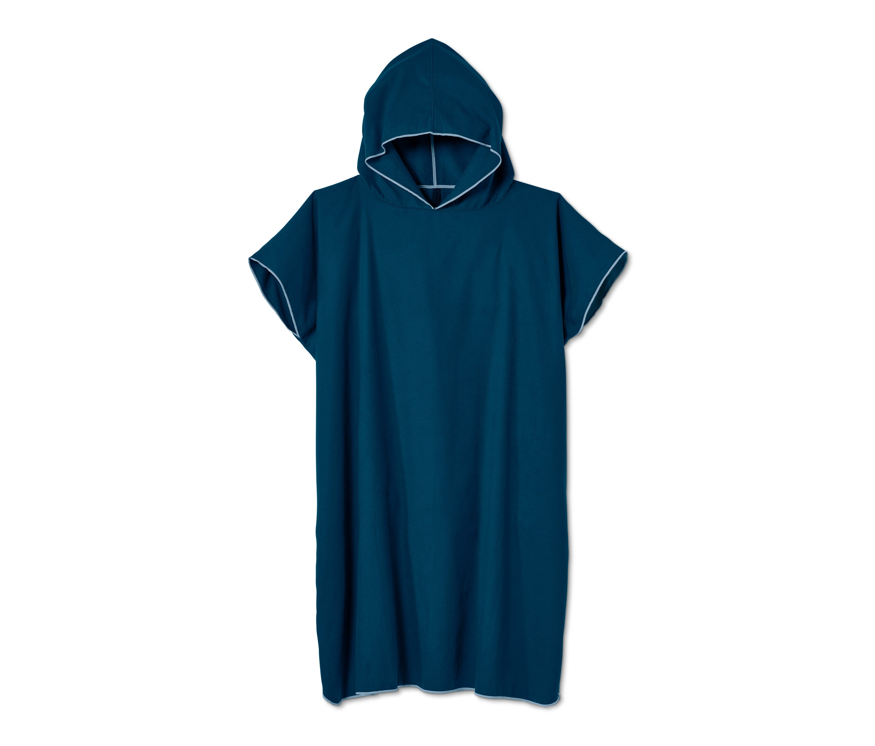 Blauer Umzieh-Poncho mit Kapuze und weißer Bordüre.