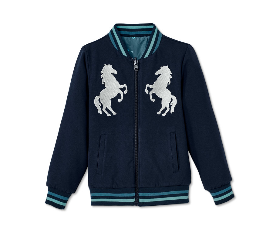 Marineblaue, wendbare Mädchen-Collegejacke mit Pferdemotiv.