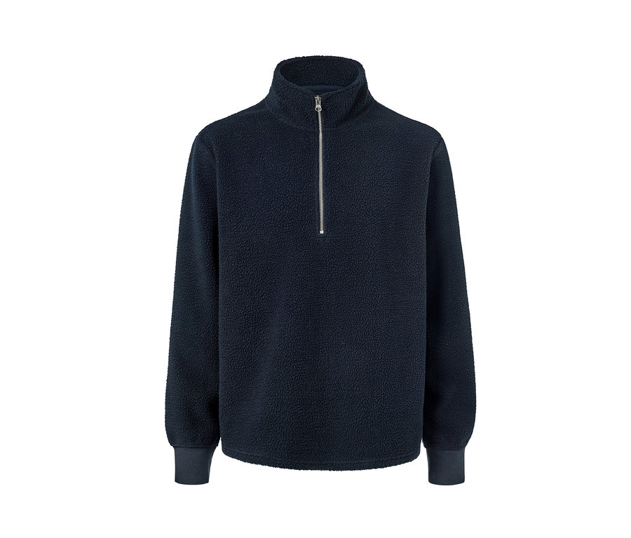 Blauer Fleece-Troyer mit Reißverschluss.