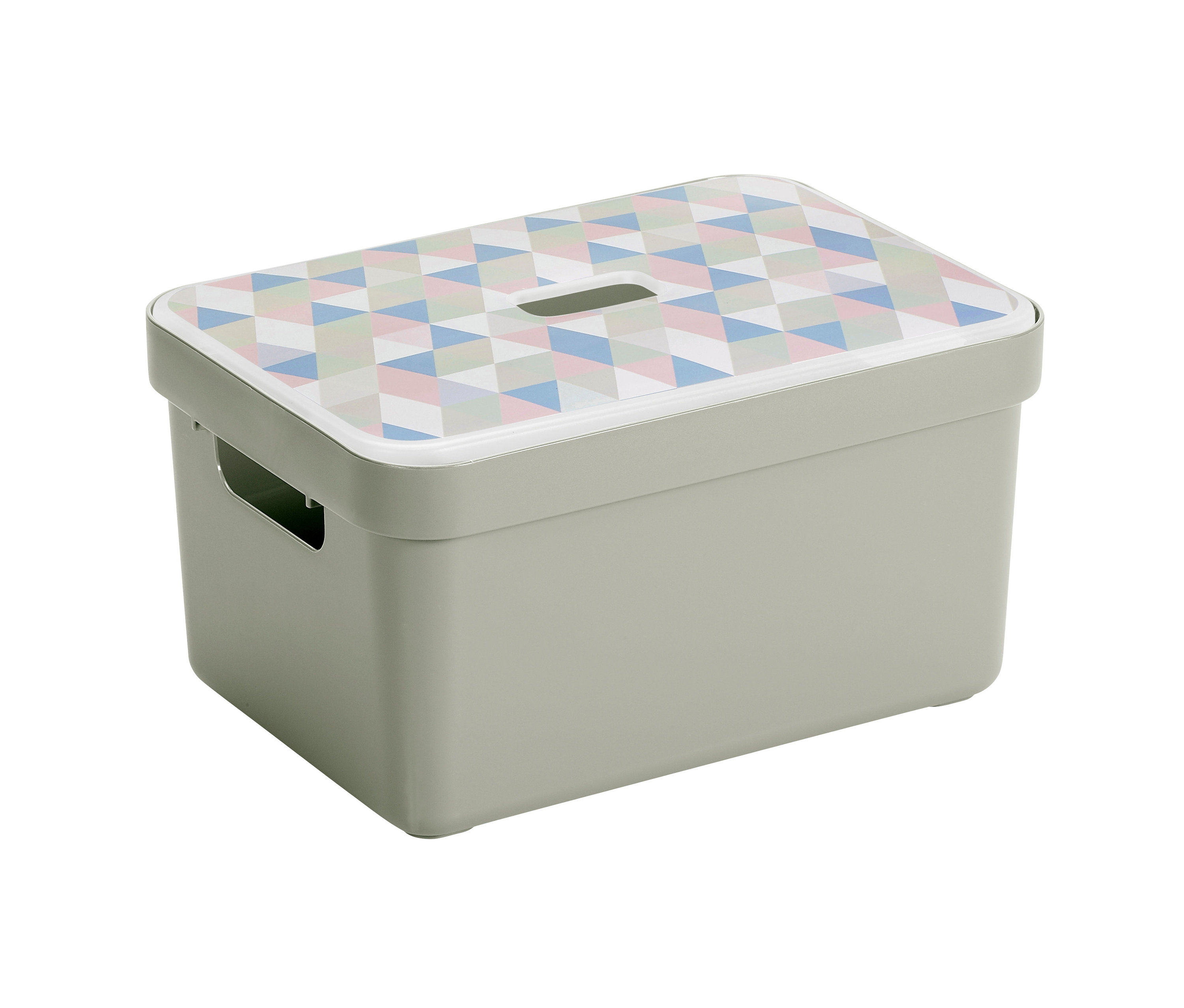 Eine graue Aufbewahrungsbox mit dem Sunware®-Deckel »Sigma Home« für die 9-l-, 13-l- und 18-l-Aufbewahrungsbox, bedruckt mit einem bunten geometrischen Muster.