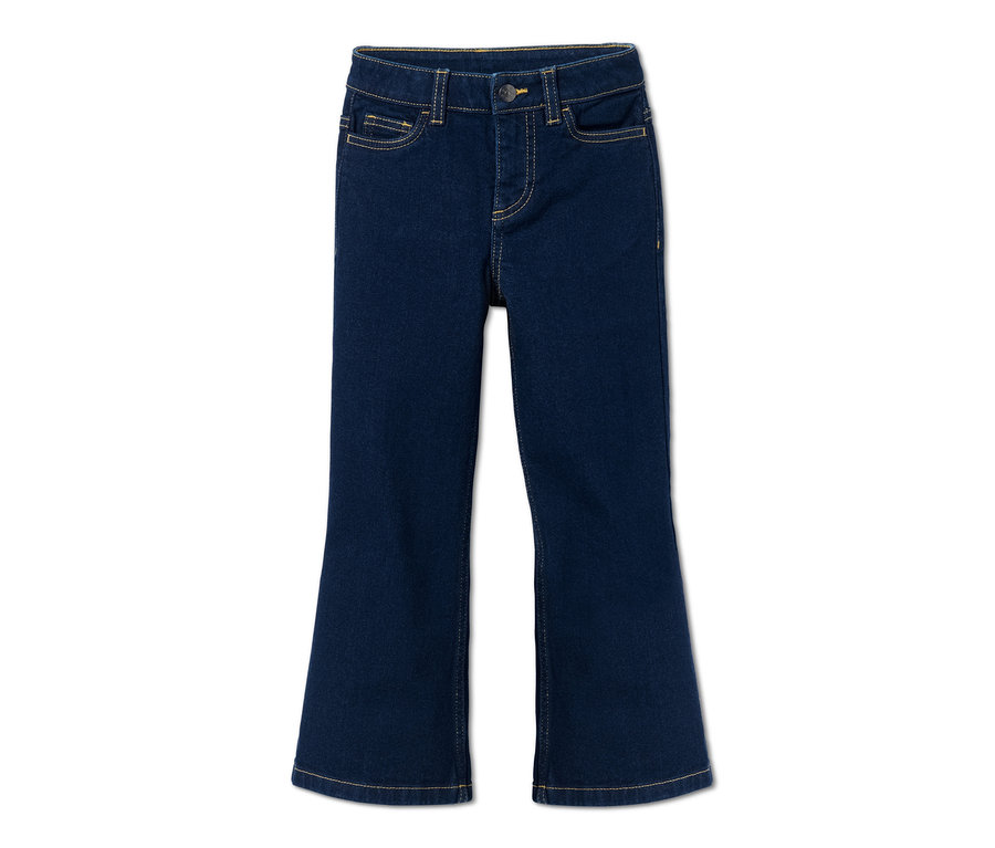 Dunkelblaue Bootcut-Jeans mit gelben Steppnähten.