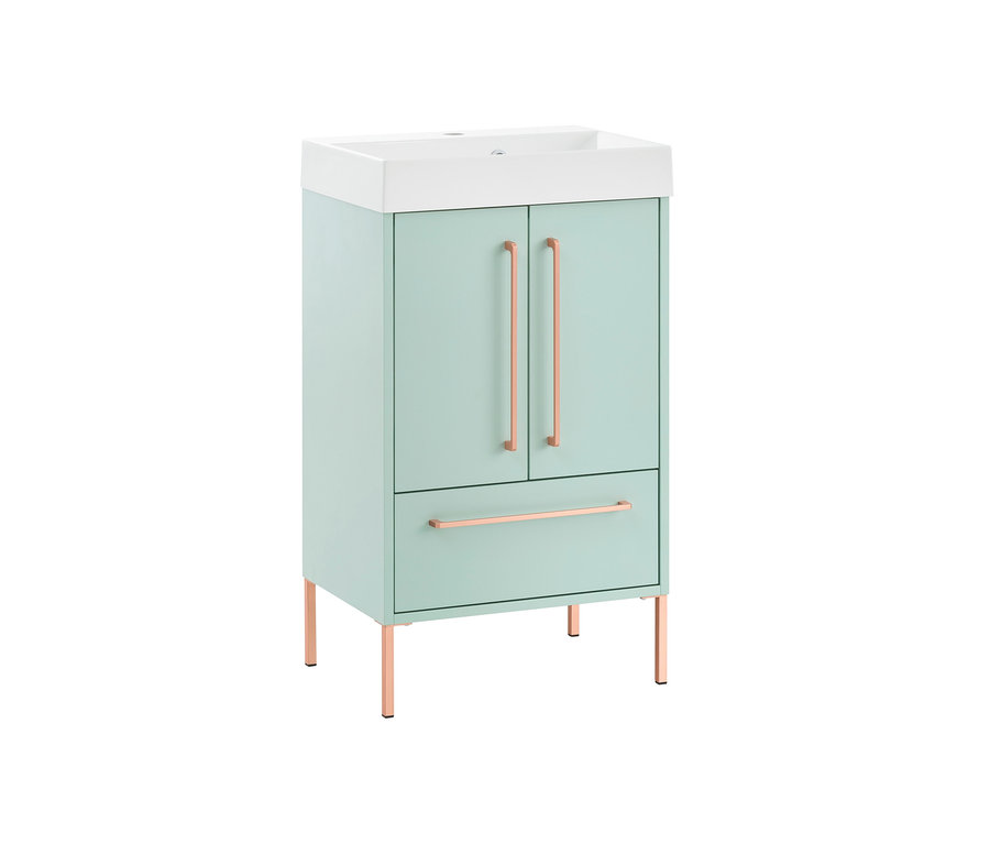 Eine vertikale Aufnahme des Waschtischs »Sari« in Mintfarbe mit einem weißen Waschbecken und kupferfarbenen Beinen und Griffen.