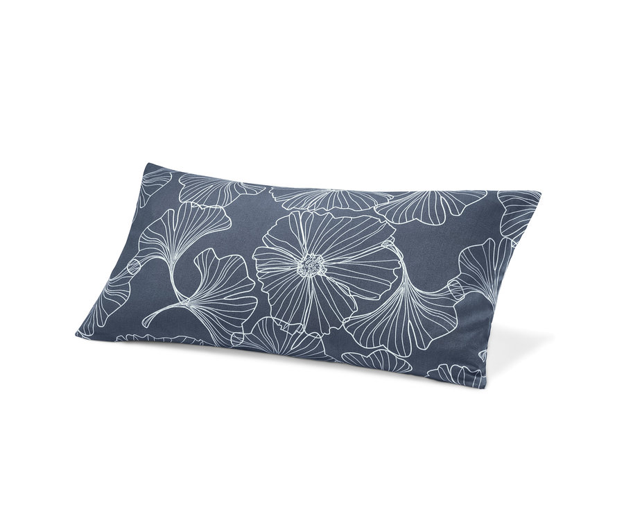 Blauer Biber-Kopfkissenbezug mit weißem Blumenmuster, 80 x 40 cm.