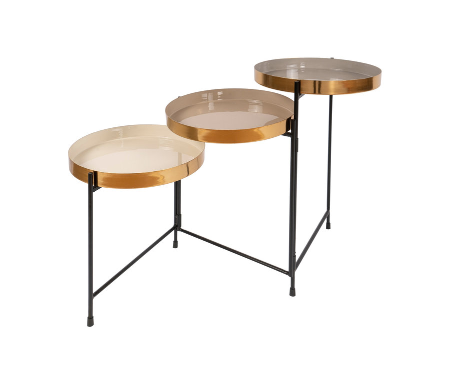 Dreistufiger Beistelltisch mit runden Platten in Weiß und Grau mit Messingrand und schwarzem Metallrahmen. Zu sehen ist der Kayoom-Beistelltisch »Morrison 125«.