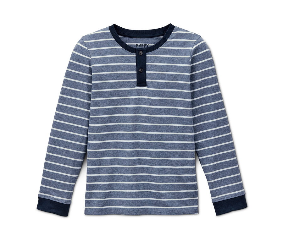Blau und weiß gestreifter Kinder-Pyjama mit langen Ärmeln.