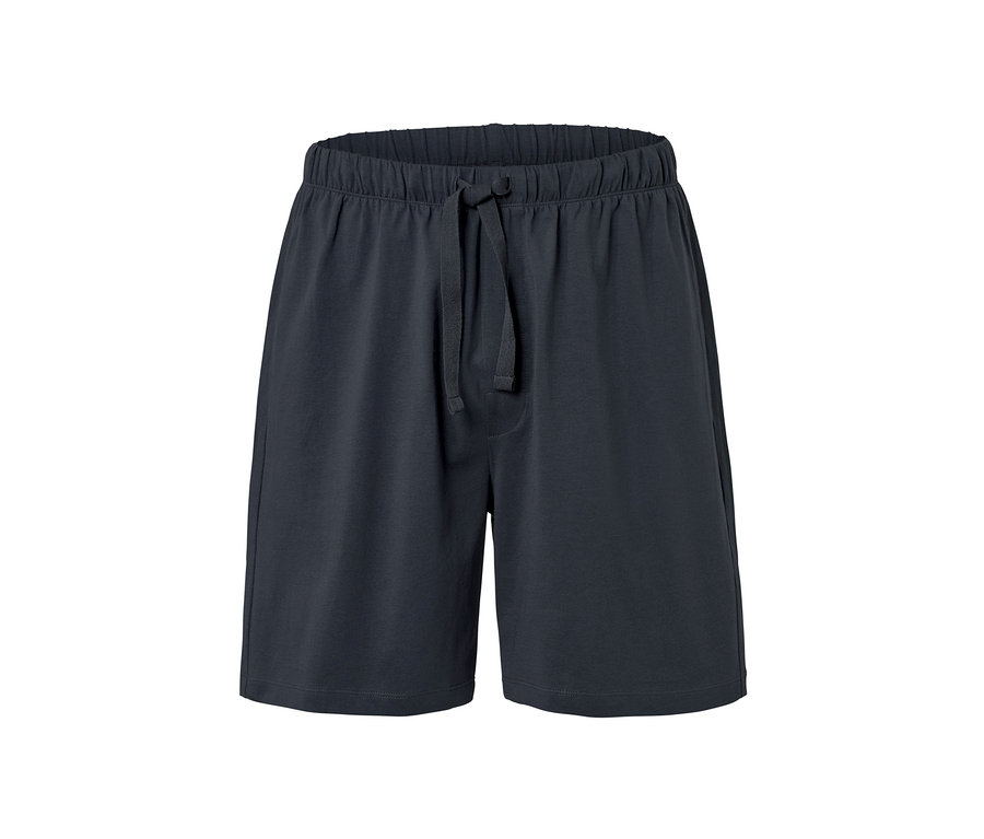 Eine dunkelblaue Shorty-Pyjama mit Kordelzug in der Taille.