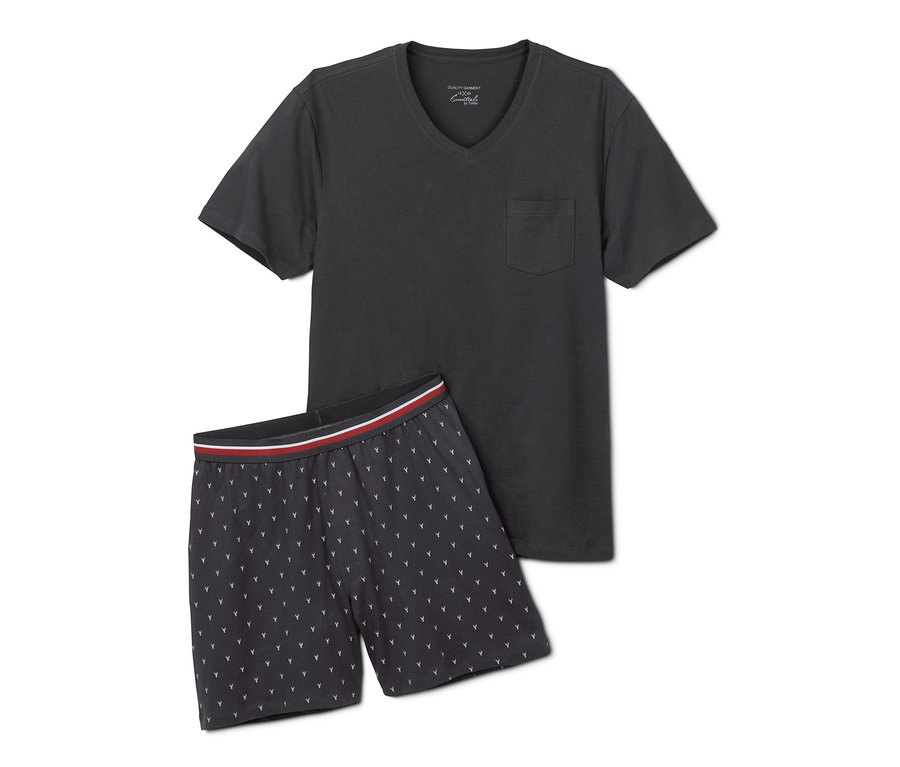 Ein dunkelgrauer Shorty-Pyjama mit V-Ausschnitt T-Shirt und Shorts mit Hirschmuster.