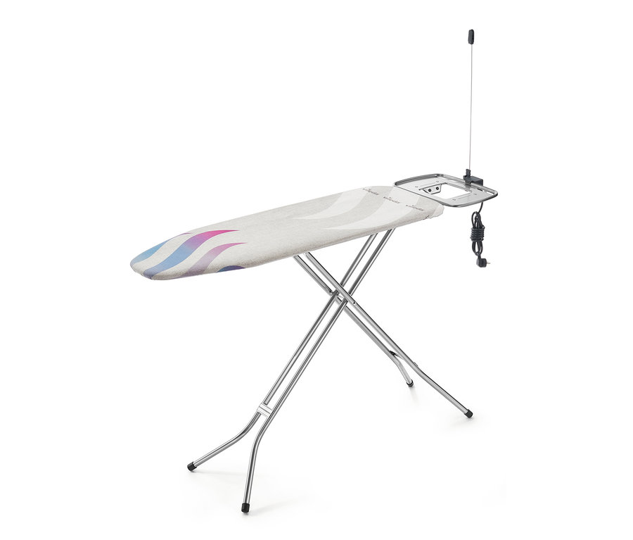 Vileda »Total reflect Plus M« Bügeltisch, ca. 120 x 38 cm, mit silbernem Gestell und grauem Bezug mit Farbdetails.