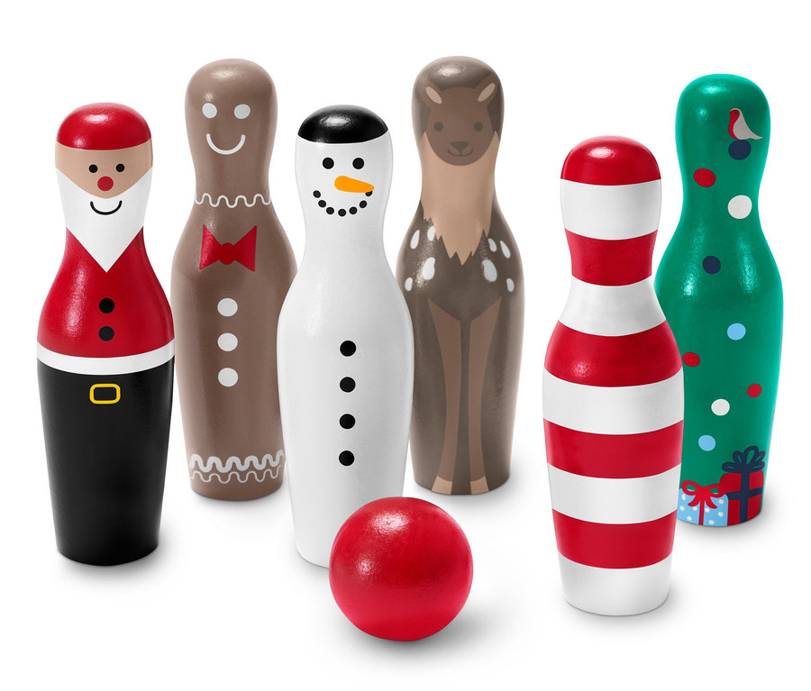 Mini-Bowling »Xmas« Set mit Kegeln in Form von Santa, Lebkuchenmann, Schneemann, Rentier, Zuckerstange und Weihnachtsbaum.