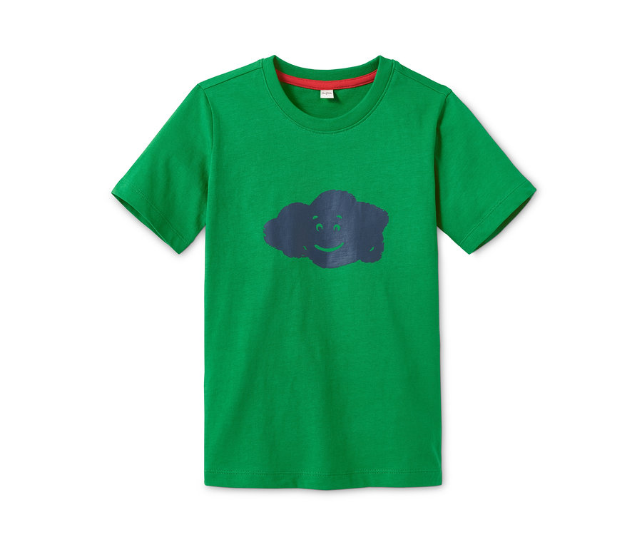 Ein grünes Kurzarm-T-Shirt mit einer dunkelblauen Wolke mit Gesicht.