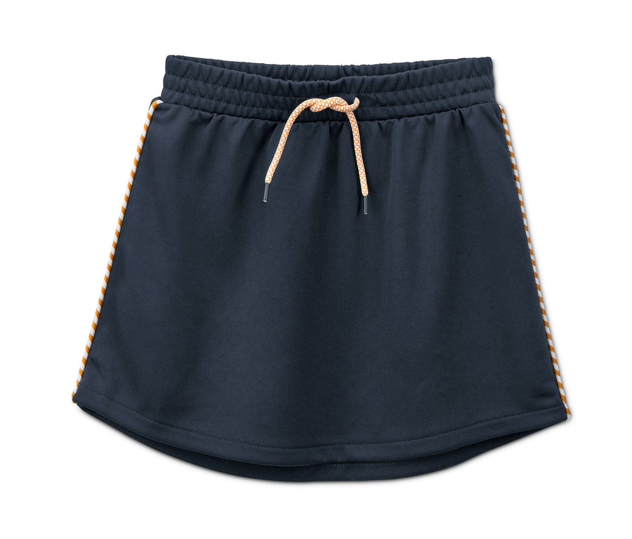 Ein sportlicher Jerseyrock in Dunkelblau mit orangefarbenen Streifen an den Seiten.