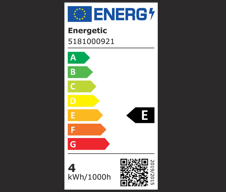 Energielabel der Klasse E mit einem Verbrauch von 4 kWh/1000h.