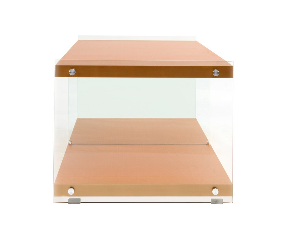 Frontansicht des goldenen Kayoom TV-Tisches "Elementary 225" mit transparenten Acrylwänden.