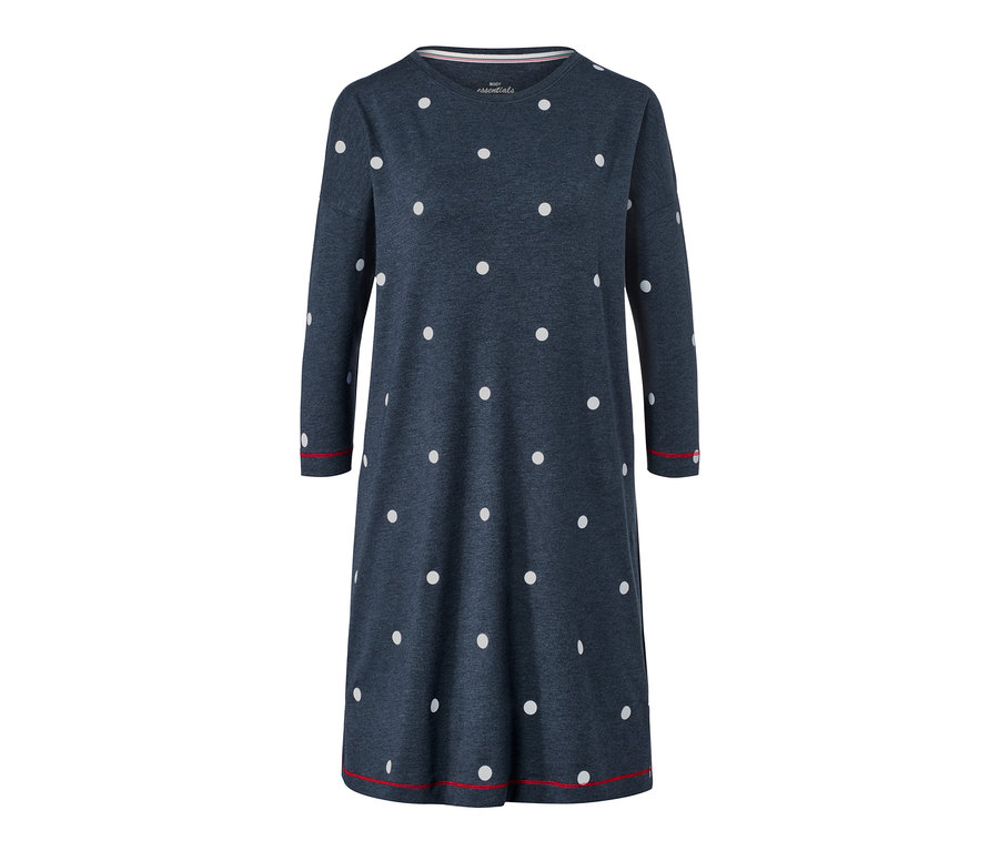 Dunkelblaues Nachthemd mit langen Ärmeln und weißen Tupfen.