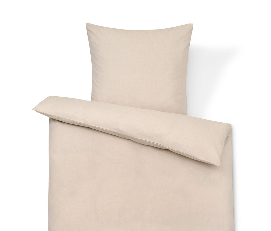 Beige Chambray-Bettwäsche, Bettbezug und Kissenbezug.