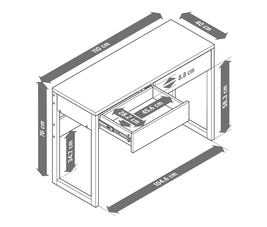 Abmessungen der Konsole aus Massivholz mit einer Schublade.