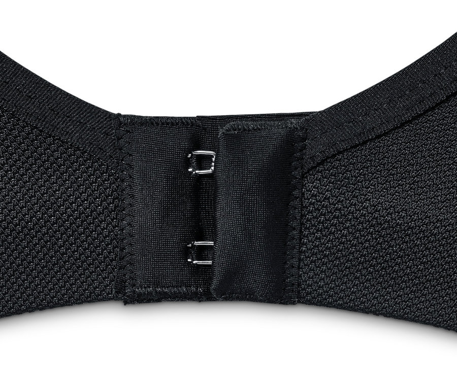 Detailansicht eines schwarzen Sport-BHs, extra stark, mit Hakenverschluss.