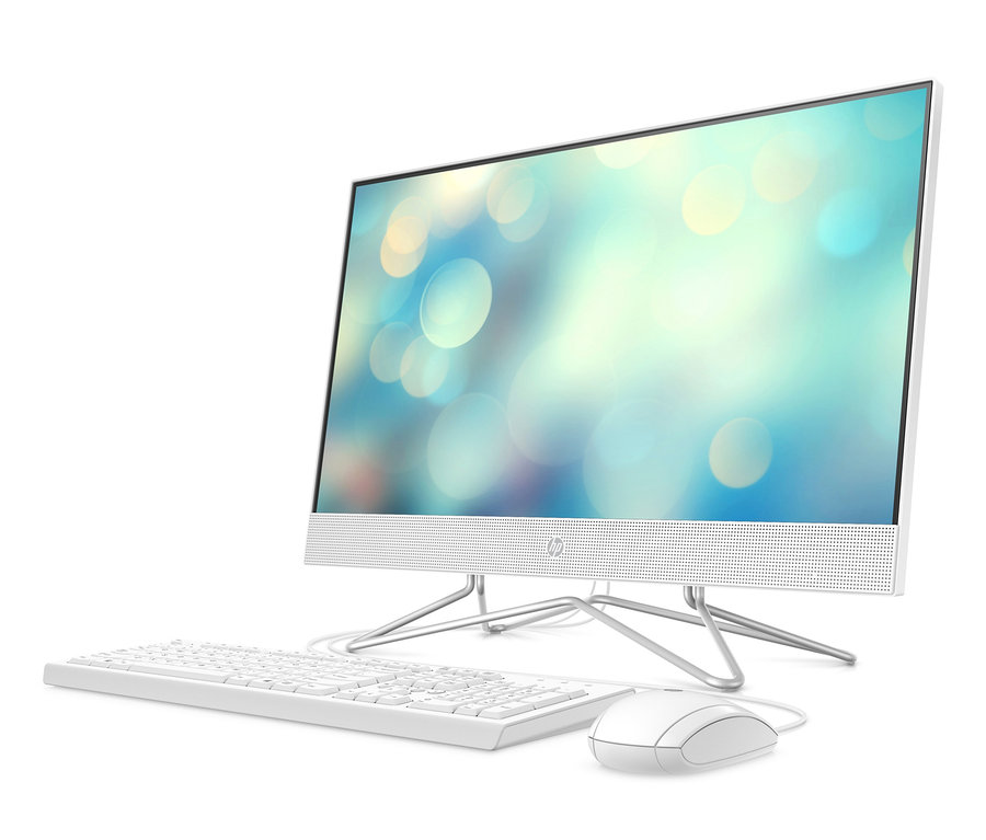 Weißer HP 23,8" All-in-One 24-df1400ng PC mit Tastatur und Maus auf weißem Hintergrund.