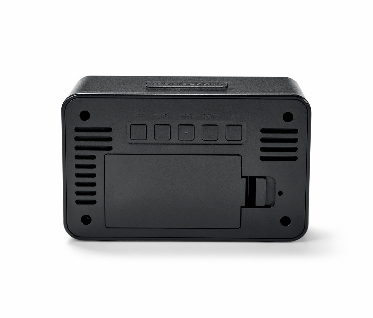 Detailansicht der Rückseite eines digitalen LCD-Funkweckers.