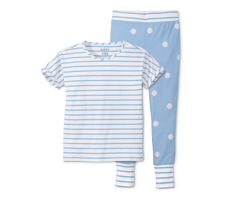 Mädchen-Pyjama mit blauen Streifen und Punkten.