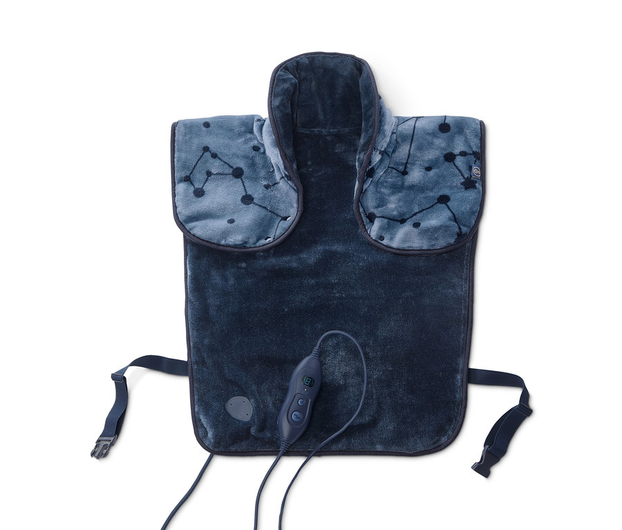 Blaues Rückenheizkissen mit Sternbild-Muster und Bedienelement mit Kabel.
