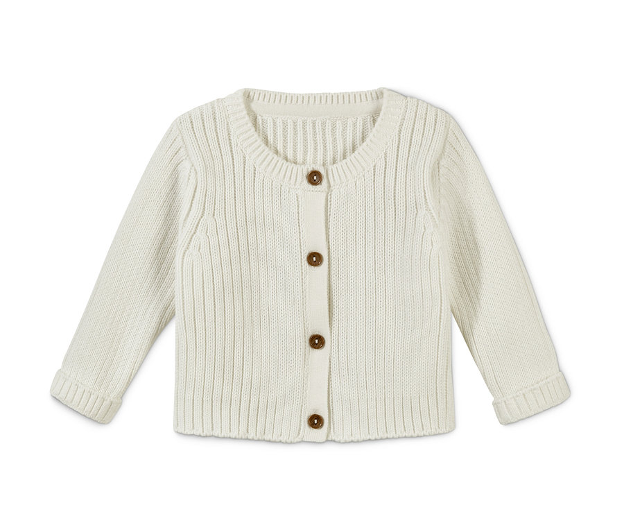 Baby Baumwoll-Strickjacke mit braunen Knöpfen.
