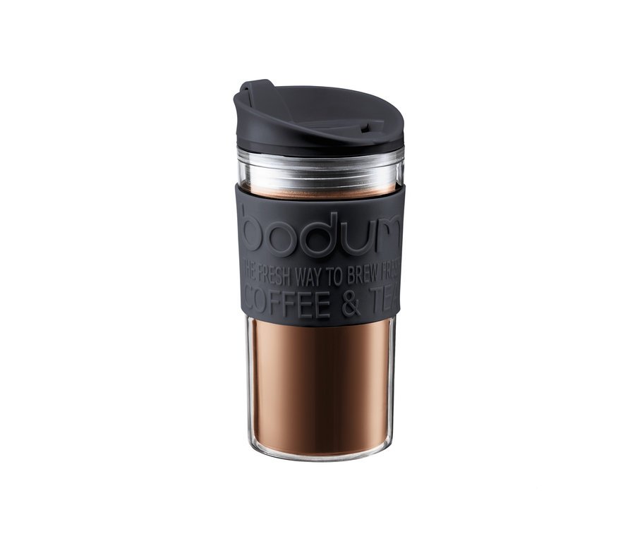 Grauer Reisebecher mit Aufschrift. BODUM® Kaffeebecher, ca. 0,35 l