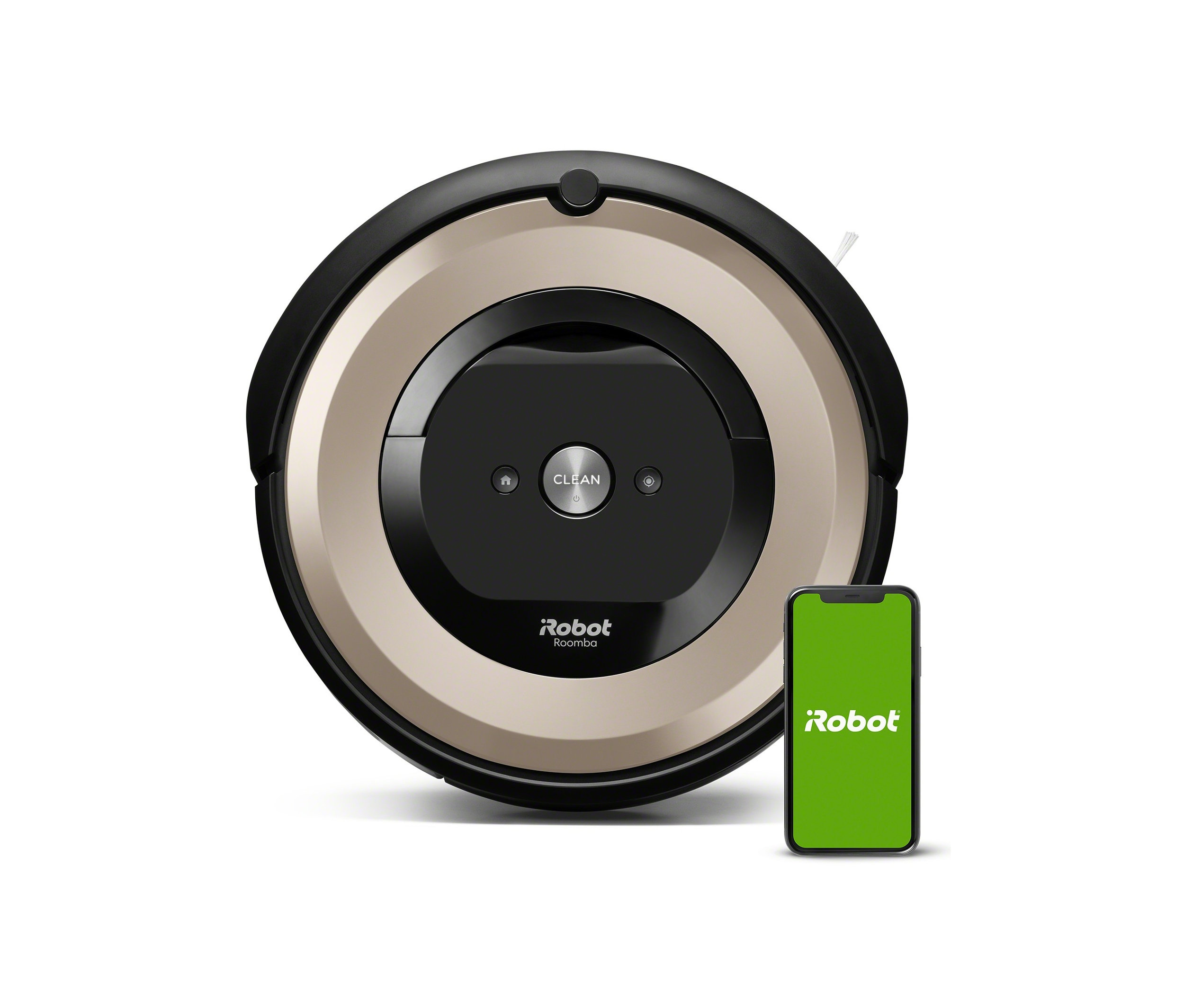 Ein schwarz-goldener iRobot Roomba e6 neben einem grünen Mobiltelefon mit dem iRobot-Logo.