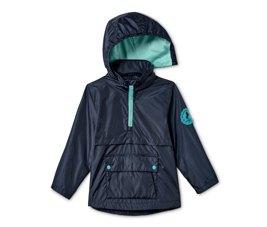 Dunkelblaue Pull-on-Regenjacke mit Kapuze und türkisfarbenem Reißverschluss.