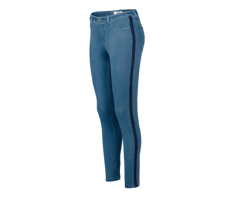 Blaue Jeggings mit Zierborte an der Seite.
