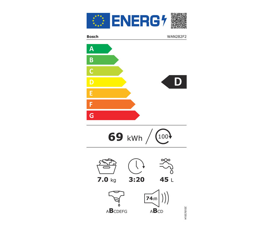 Energieetikett der Bosch Waschmaschine WAN282F2, D (von A bis G), 7 kg, 1400 U/Min.